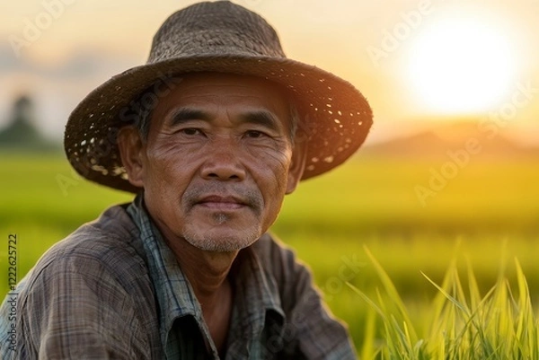 Fototapeta Cinematic Portrait of Farmer in Rice Field, Capturing Labor and Landscape, Emphasizing Natural Light and Focused Depth