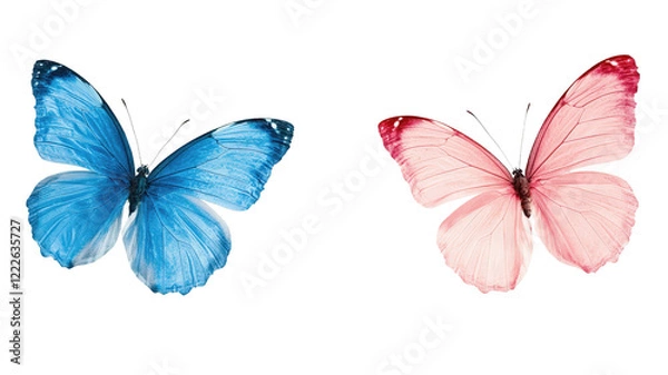 Fototapeta Blue and pink butterflies isolated on transparency background, showcasing vibrant colors and delicate wings