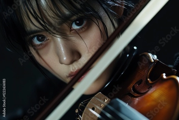 Fototapeta Cinematic portrait of a passionate musician performing on a violin, dramatic lighting emphasizing emotion and artistry in a vibrant setting.