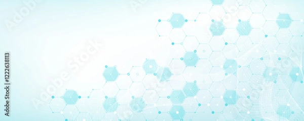 Fototapeta Molecular abstract structure and genetic engineering DNA. Healthcare and medicine background concept. Scientific research background. Wave flow. Innovation pattern. Vector illustration.