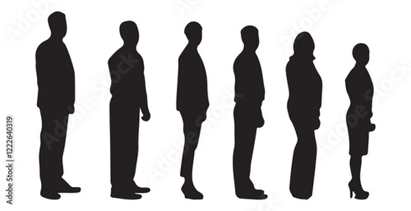 Fototapeta Vector silhouettes of men and a woman, a group of standing businesspeople, black color isolated on a white background art design people