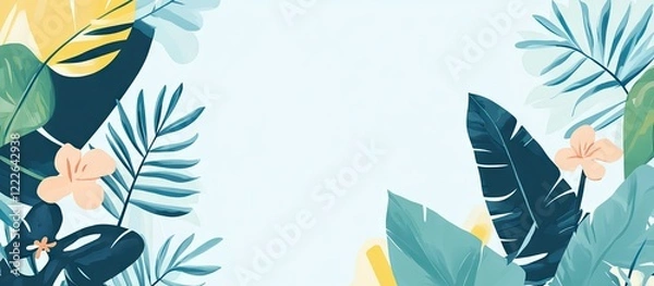 Fototapeta Tropical floral frame featuring vibrant green leaves and soft peach flowers on a light blue background, creating a fresh and inviting atmosphere.