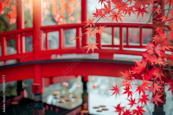 Fototapeta Vibrant red maple leaves gracefully frame a traditional japanese red bridge, creating a picturesque autumn scene