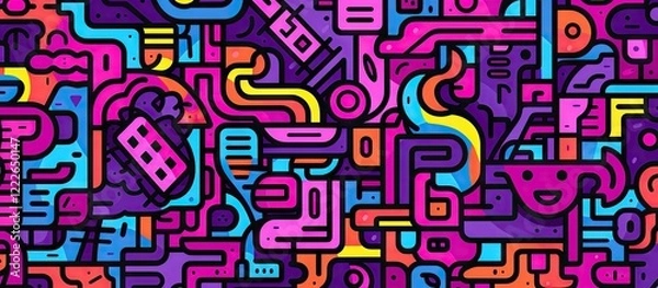 Fototapeta Colorful abstract geometric pattern in vibrant pink, purple, blue, and yellow with intersecting lines and shapes creating a dynamic design.