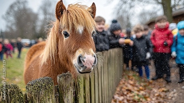Fototapeta Children interact with a pony at a farm during a school outing on a chilly day