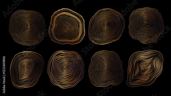 Fototapeta Set of linear tree stump prints. Wooden silhouette. Wood texture with concentric rings. Golden wooden annual rings textures. Tree ring pattern. Wood in cross section