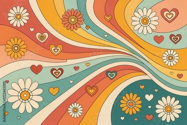Fototapeta Retro Groovy Swirls A Whimsical Design of Hearts and Flowers