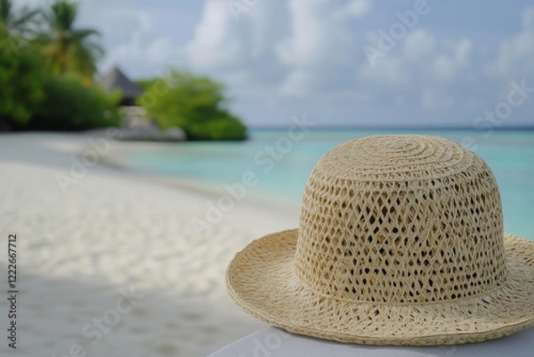 Fototapeta Woman straw hat on the blurred background with ocean, beach and palm trees