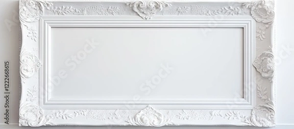 Fototapeta Elegant white ornate canvas frame against a bright white background highlighting intricate detailing and smooth texture for artistic display.