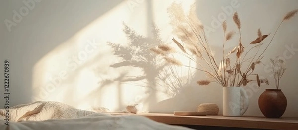 Fototapeta Serene Scandinavian bedroom with soft neutral tones, sunlight casting shadows on the white wall, featuring dried flowers in elegant vases.