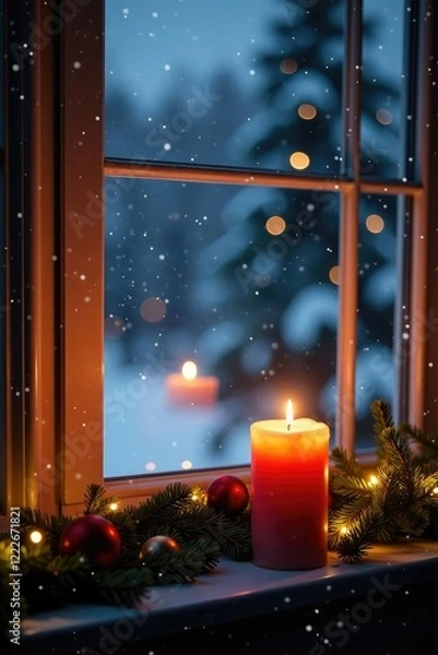 Fototapeta Candlelit windowsill with festive decorations, evergreen boughs, windowsill