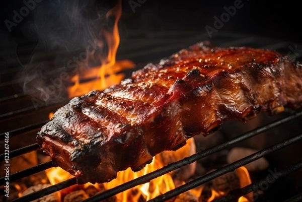 Fototapeta Pork and beef ribs are grilled over an open flame, creating a delicious smoky aroma. The meat caramelizes, resulting in tender, flavorful ribs perfect for any outdoor gathering.