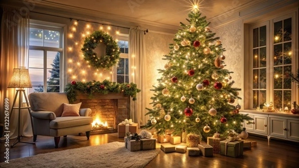 Fototapeta A beautifully lit Christmas tree with twinkling fairy lights and ornaments in a cozy living room, Warm glow, Winter decor