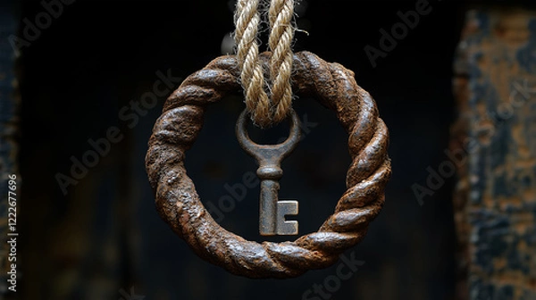 Obraz Old rusty key hanging with rope
