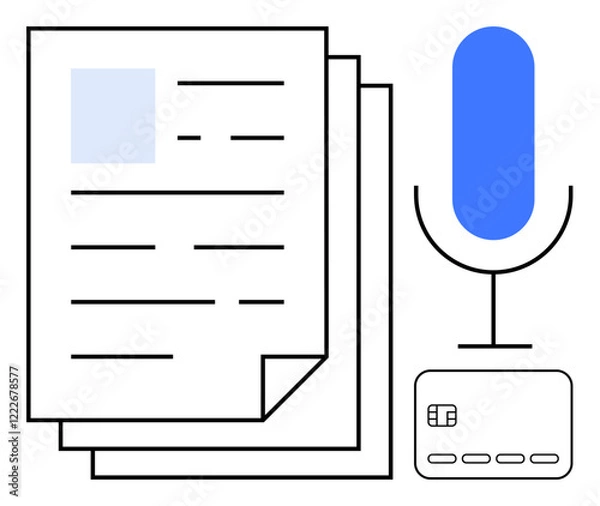 Fototapeta Document stack, microphone, and card emphasizing communication, finance, and data management. Ideal for business, finance, communication media technology education information sharing. Line