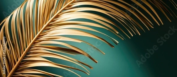 Fototapeta Golden palm leaves elegantly arch against a deep teal background, showcasing trendy tropical hues and a calming, serene atmosphere.