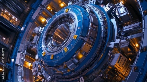 Fototapeta The Large Hadron Collider with Blue and Silver Tubes, Yellow Signs, and Glowing Yellow Lights in the Background, Symbolizing Advanced Particle Physics and Cutting-Edge Technology.