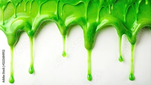 Fototapeta Green dripping slime substance on a isolated white background, forest floor, bioluminescent fungi