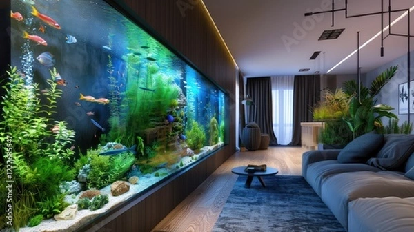 Fototapeta A large aquarium integrated into a modern home wall, with sleek fish, vibrant plants, and soft LED lights, creating a tranquil, luxurious atmosphere.