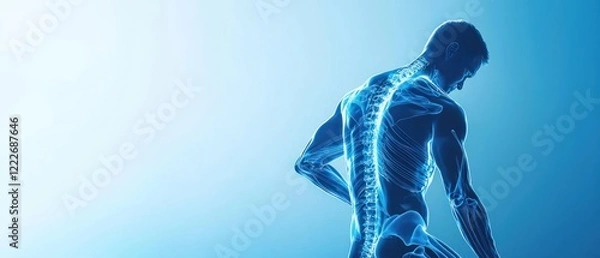 Fototapeta An anatomical illustration of a human spine and skeletal structure against a blue background.