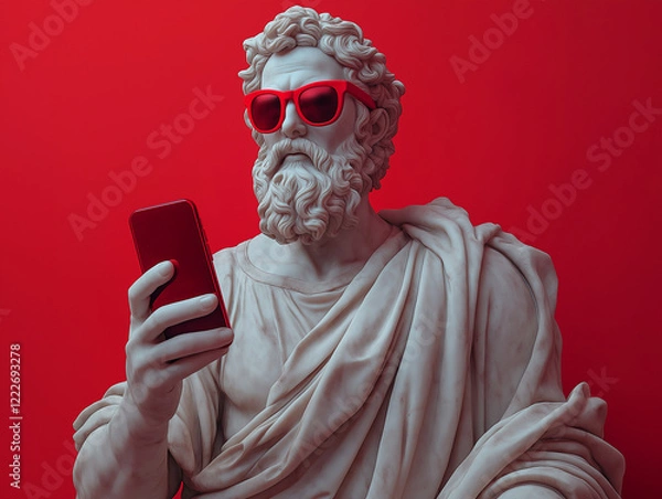 Fototapeta Greek statue with smartphone against red background.