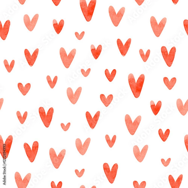 Fototapeta Seamless texture with red hearts. St. Valentine's Day pattern with watercolor dots in the shape of hearts on white background