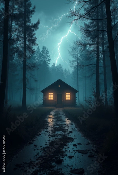 Fototapeta Lonely house in a dark scary forest illuminated by lightning in the background