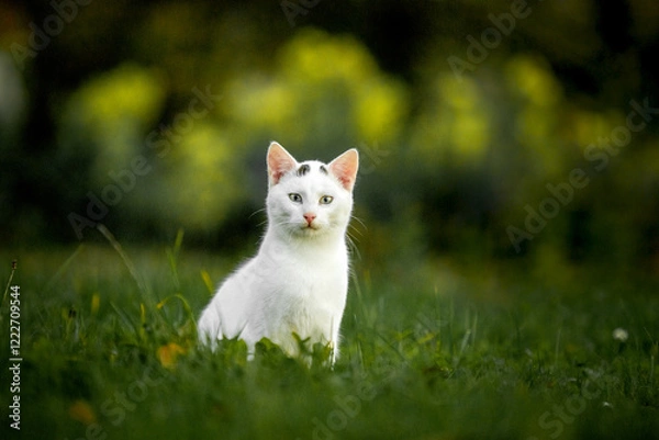 Obraz white cat on the grass