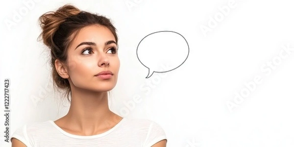 Fototapeta Thoughtful young woman with brown hair in a bun looking up on a white background with an empty speech bubble on the right side
