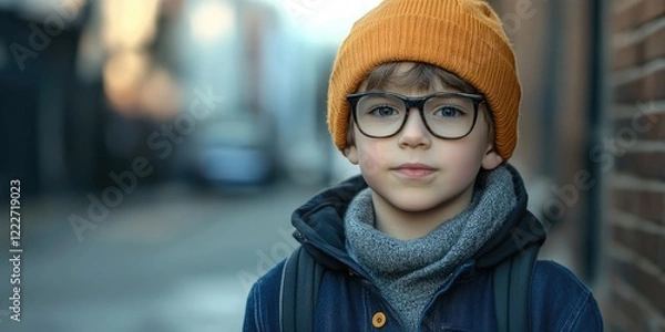 Fototapeta Stylish boy wearing an orange beanie and glasses in a blurred urban street setting with brick walls, daytime natural light, soft colors.