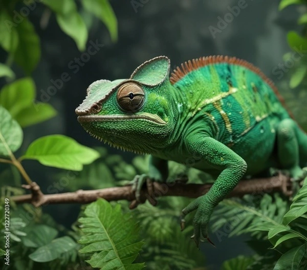 Fototapeta Green scaly body of a chameleon blending with leaves , fly, environmental