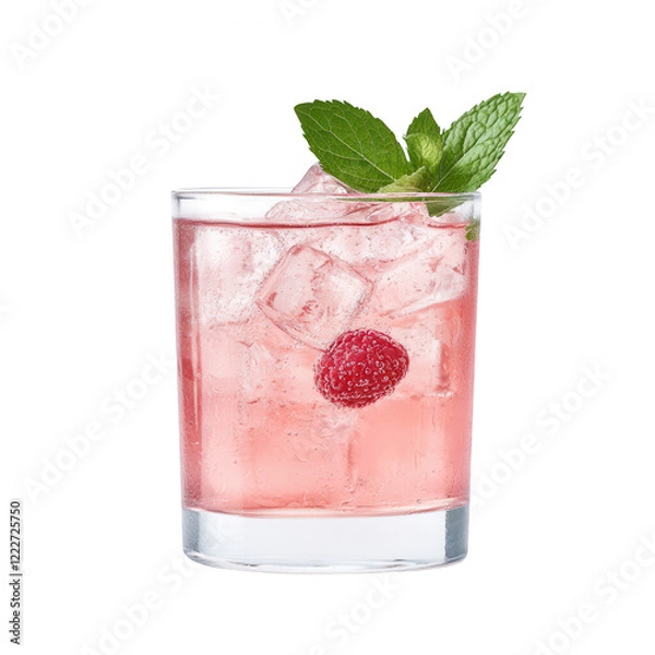 Fototapeta Refreshing pink cocktail with mint and raspberry, served over ice in a clear glass.