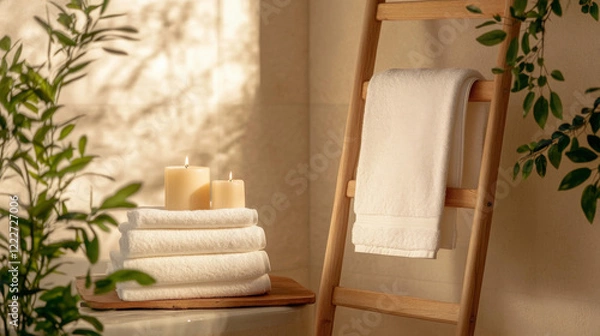 Fototapeta Wooden ladder with white towels on it and candles on top