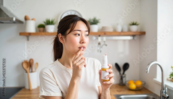 Obraz Young Asian woman contemplating antihistamines in modern kitchen, seasonal relief