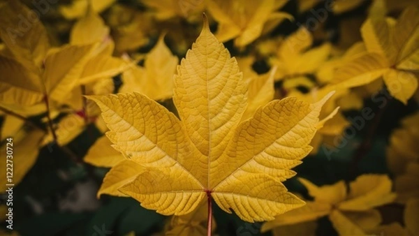 Fototapeta Closeup of a vivid yellow leaf centered amidst blurred yellow foliage showcasing detailed veins and texture against a soft background.