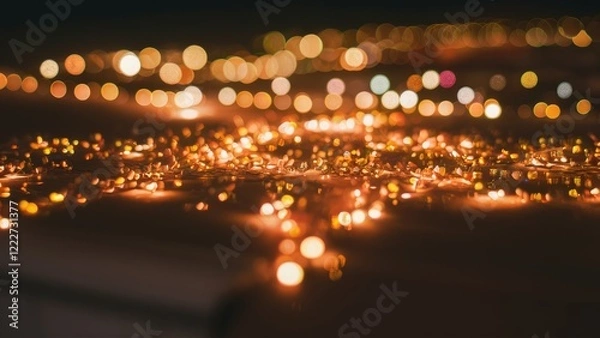 Fototapeta Blurred festive lights with warm orange and yellow hues scattered across a dark background, creating a magical bokeh effect and a cozy atmosphere.