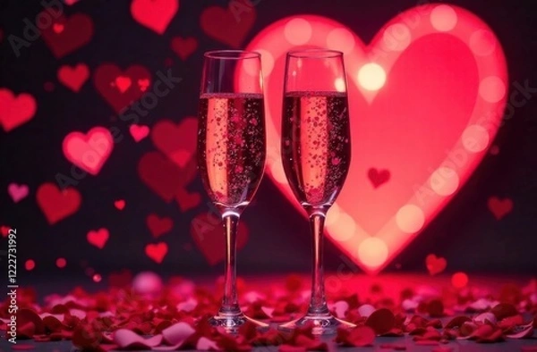 Fototapeta two champagne glasses clink together in celebration, surrounded by a soft cascade of red and pink confetti. Valentines day