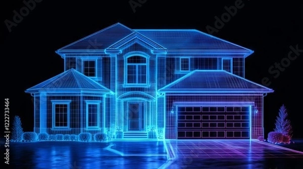 Fototapeta Futuristic digital representation of a suburban house with illuminated outlines and details in vibrant blue color