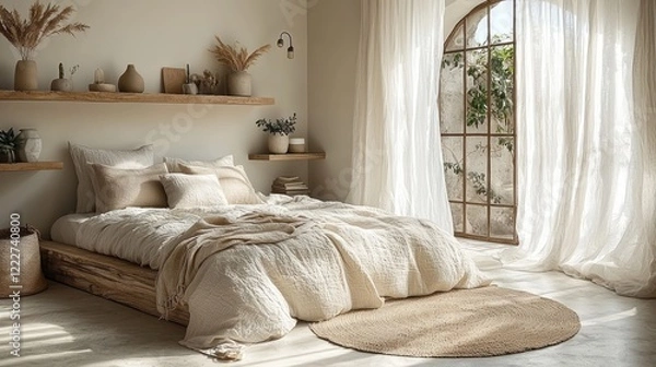 Fototapeta Serene Bedroom Interior Design: Minimalist Aesthetic with Natural Textures