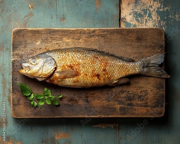 Obraz Spoiled fish on a cutting board, clearly displaying signs of decay and a slimy texture, highlighting the importance of seafood safety, storage issues, and the concept of freshness.