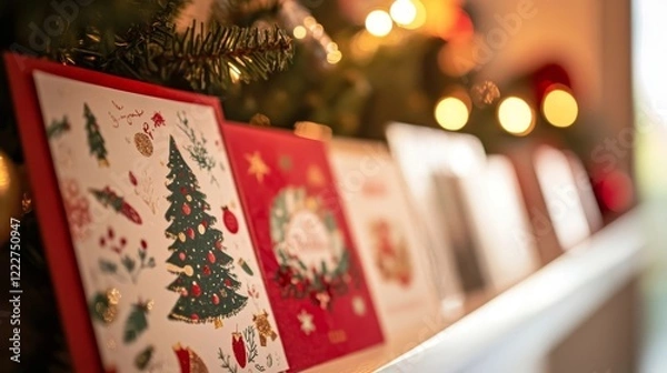 Fototapeta Festive holiday cards displayed on a mantel with warm lights creating a cozy atmosphere during the Christmas season