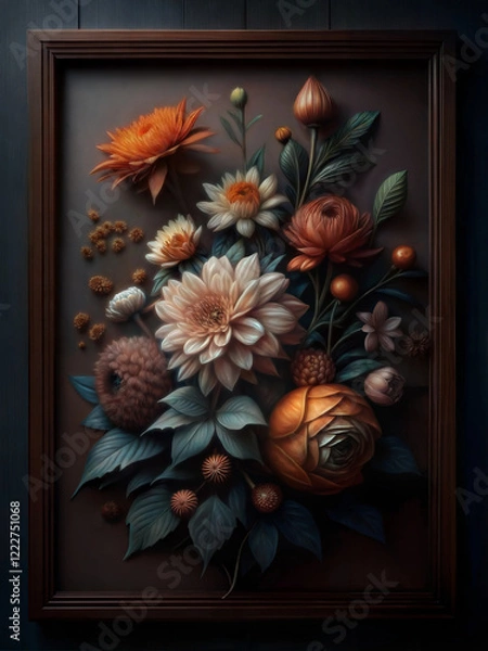 Fototapeta Vibrant wall panel featuring a colorful floral arrangement with intricate textures and warm tones