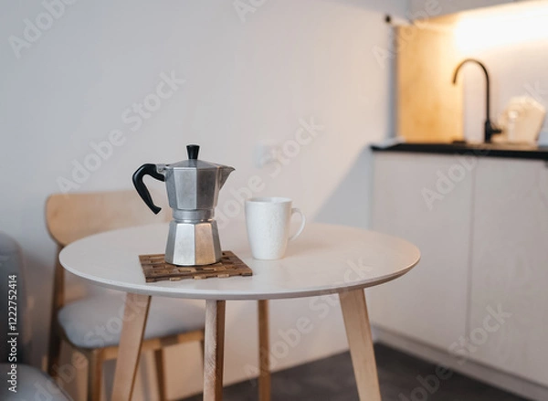 Fototapeta retro aluminum geyser coffee maker from Italy stands on a round beige table against the background of a kitchen with warm light.