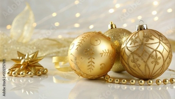 Obraz Golden Christmas ornaments in a festive arrangement against a smooth glossy surface, symmetrical design, glossy finish, smooth surface