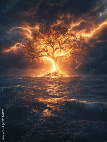 Fototapeta Fiery tree on island in stormy sea at sunset.