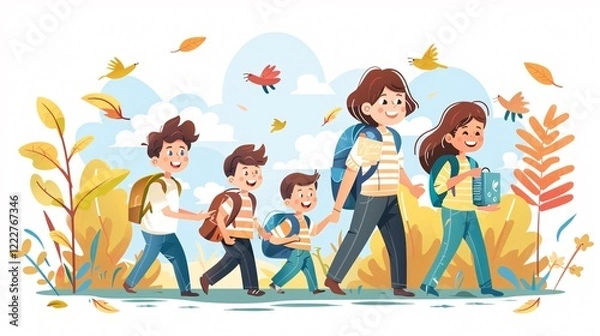 Obraz Joyful Mothers and Boys Walking to School Together. Diverse Classmates Enjoying Education Journey