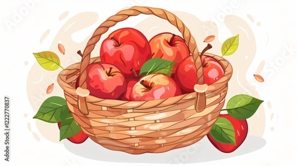 Obraz Fresh organic apple basket in cartoon style for garden harvest. Ideal for food and nature concept.