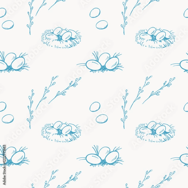 Fototapeta Vector Easter seamless pattern with chicken nest, willow branches and Easter eggs in field. Hand drawn festive repeating background.  Decor for Paschal holidays, spring Christian motif, design rapport