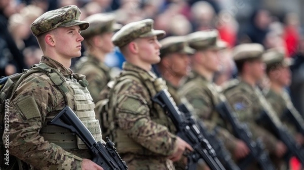 Obraz A line of soldiers in military uniforms and camouflage gear stand at attention with rifles during a formal parade.