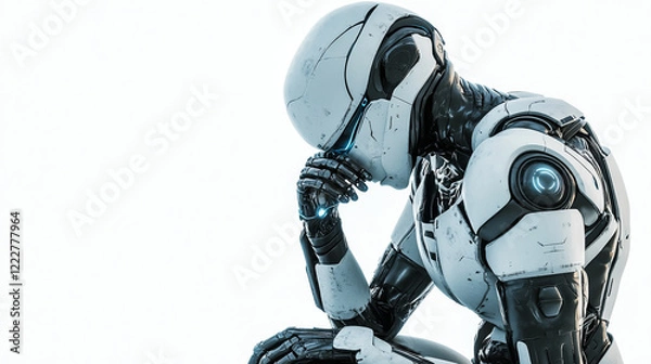 Fototapeta Side view of an AI robot in deep thought, set against a clean white background